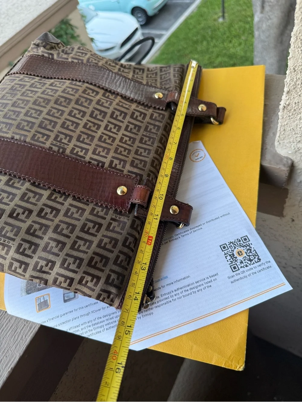 Fendi Brown Zucca Logo Canvas Shoulder Tote with Dark Brown Leather Trim